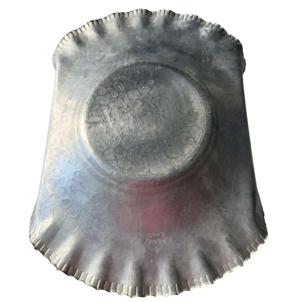 Hammered Aluminum Basket‎ Floral Embossed Loop Handle Designed Aluminum 1940s